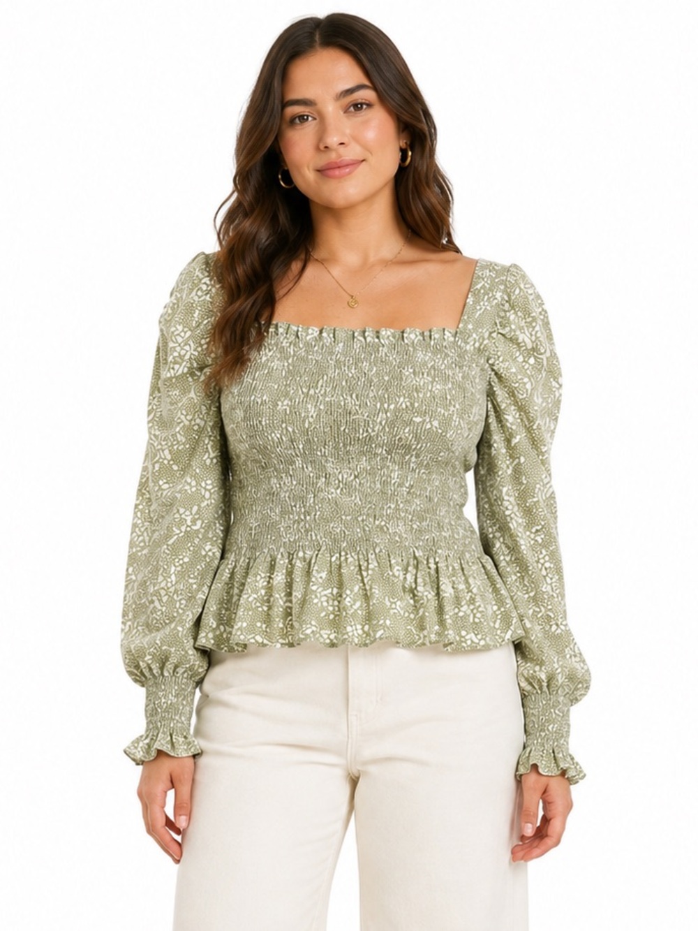 Sage Green Floral Smocked Peplum Blouse Cottagecore Top XL